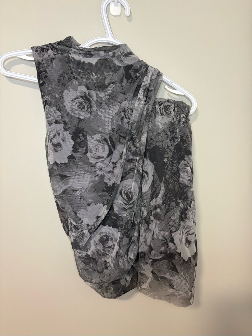 Black and Gray Floral Mesh Long Dress, Mock Neck. Zipper Back, Sinching Side